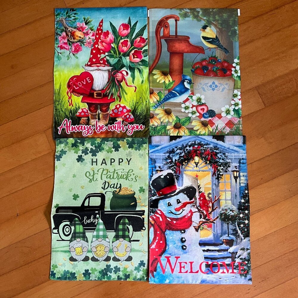 Lot of 4 Lawn Flags Garden Christmas Winter St Patricks‎ Day Love Birds Gnomes